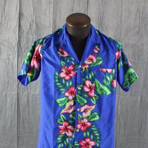 Vintage Hawaiian Shirt - Blue with Red Floral Pattern by Tamare - Men's Medium